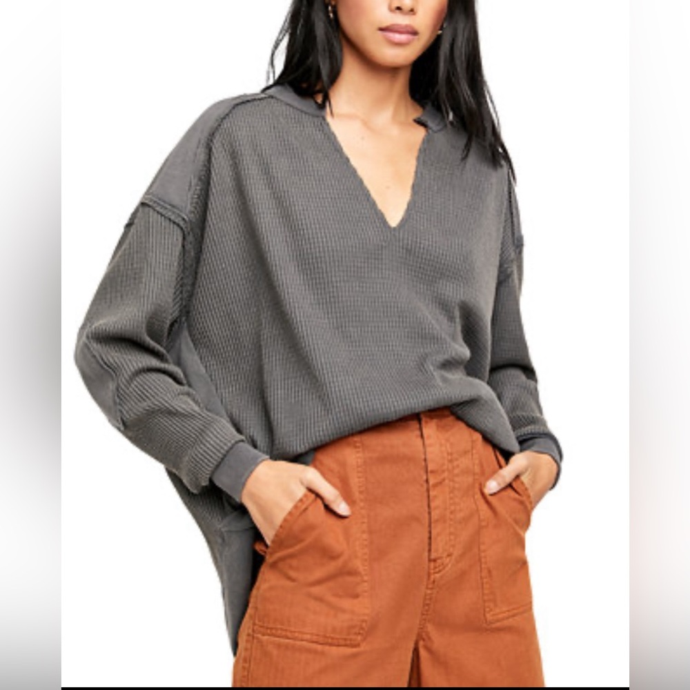 NEW We The Free Waffle Knit Long  Sleeve Black Charcoal Owen Thermal V-Neck Top